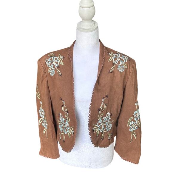 Central Park Jackets & Blazers - Central Park Linen Boho Embroidered Cropped Jacket Blazer Brown Tan Size 10